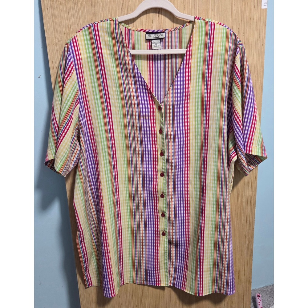 Notations Sz 3X Woman Multi Color Stripe Gingham Button Down Top V-Neck Blouse